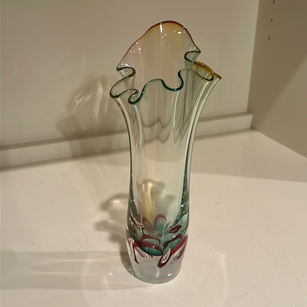 Adam Jablonski art glass hand blown vase clear multicolored signed